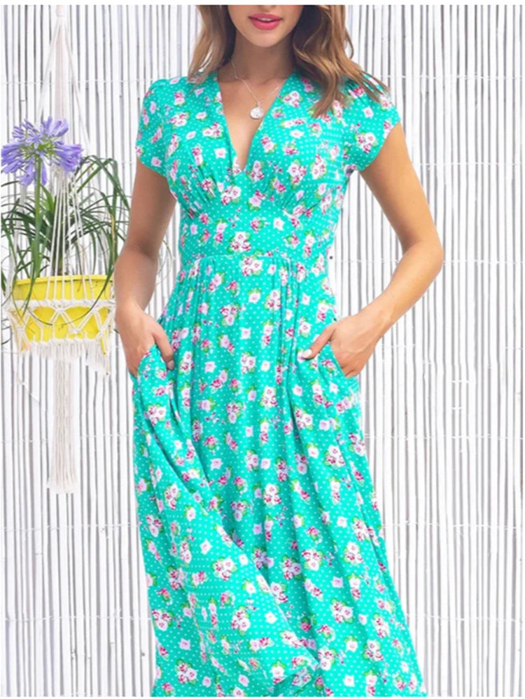 Damen Kleid | Blumenmuster V-Ausschnitt
