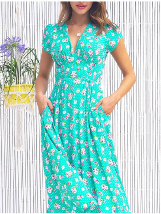 Damen Kleid | Blumenmuster V-Ausschnitt