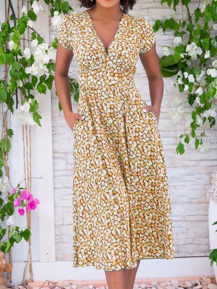 Damen Kleid | Blumenmuster V-Ausschnitt