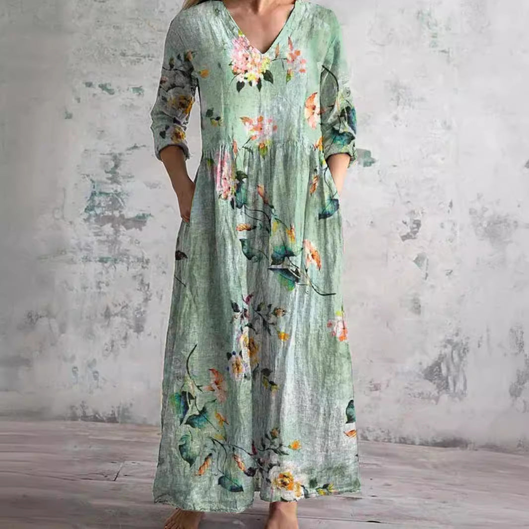 Damen Kleid | Lockeres Blumenmuster V-Ausschnitt
