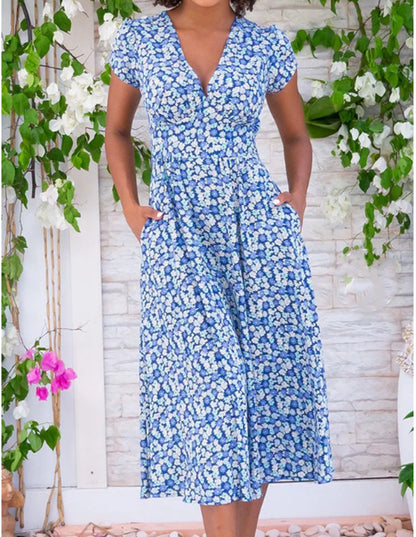 Damen Kleid | Blumenmuster V-Ausschnitt