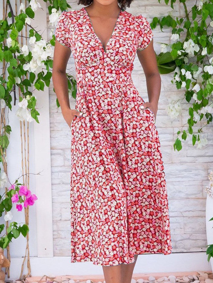 Damen Kleid | Blumenmuster V-Ausschnitt
