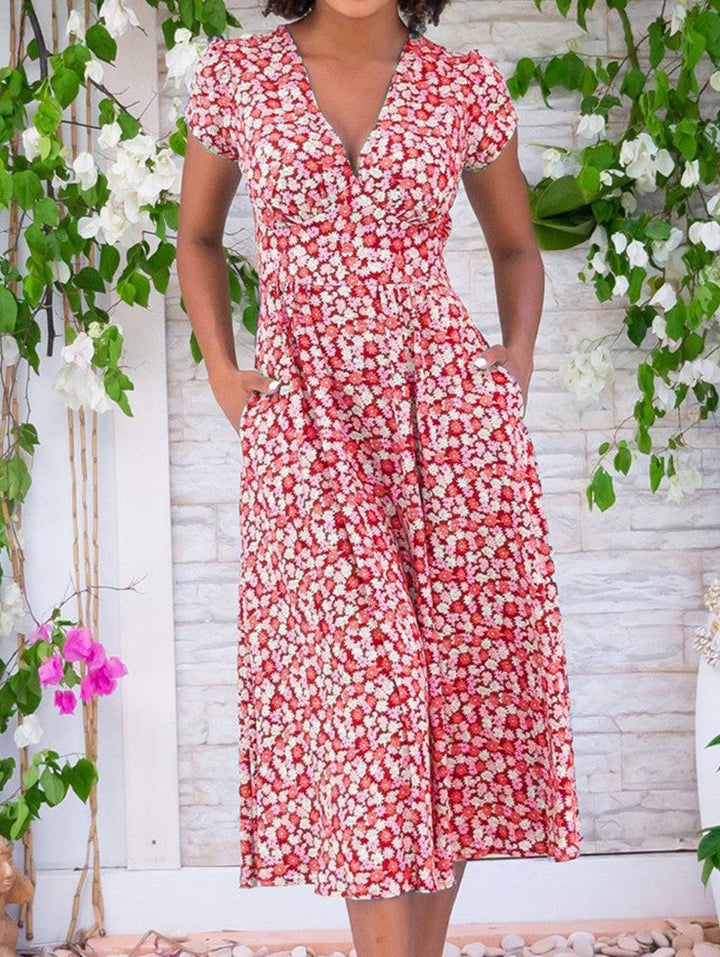Damen Kleid | Blumenmuster V-Ausschnitt