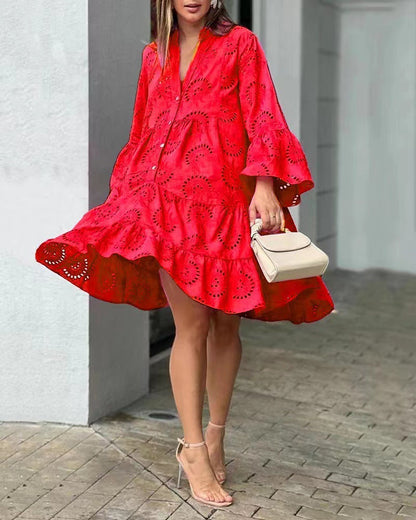 Damen Kleid | Lochmuster V-Ausschnitt