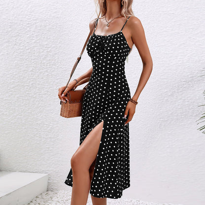 Damen Kleid | Punkte Spaghettiträger Schlitz