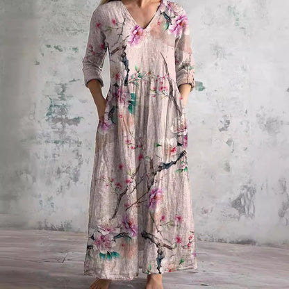 Damen Kleid | Lockeres Blumenmuster V-Ausschnitt