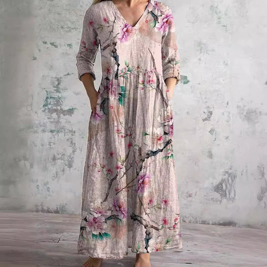 Damen Kleid | Lockeres Blumenmuster V-Ausschnitt