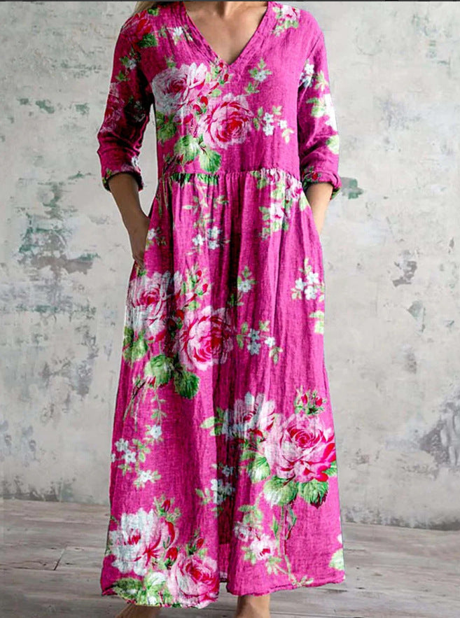 Damen Kleid | Lockeres Blumenmuster V-Ausschnitt