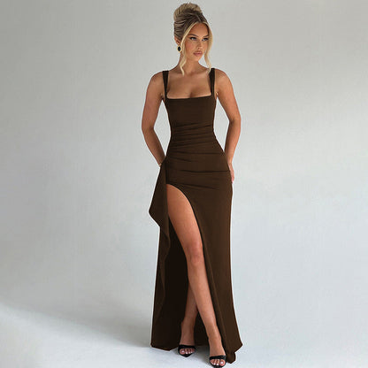 Damen Abendkleid | Quadrat-Ausschnitt Schlitz Maxi