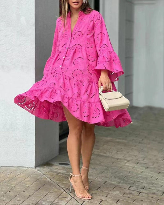 Damen Kleid | Lochmuster V-Ausschnitt