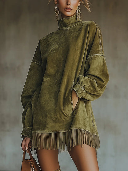 Damen Kleid | Stehkragen Fransen Saum