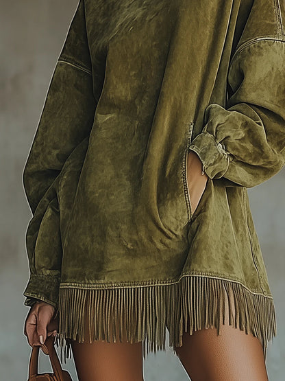 Damen Kleid | Stehkragen Fransen Saum