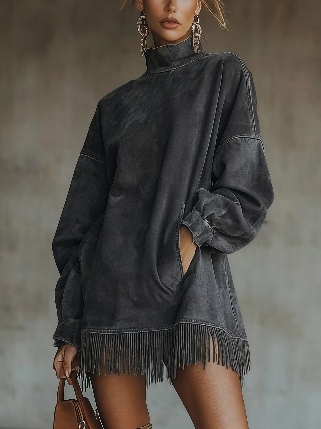 Damen Kleid | Stehkragen Fransen Saum
