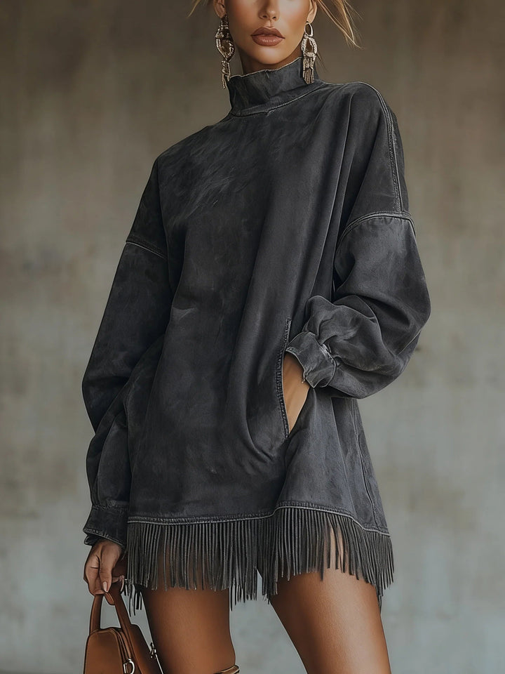 Damen Kleid | Stehkragen Fransen Saum
