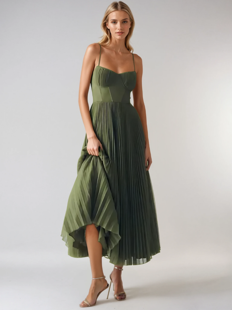 Damen Kleid | Spaghettiträger Plissee Midi