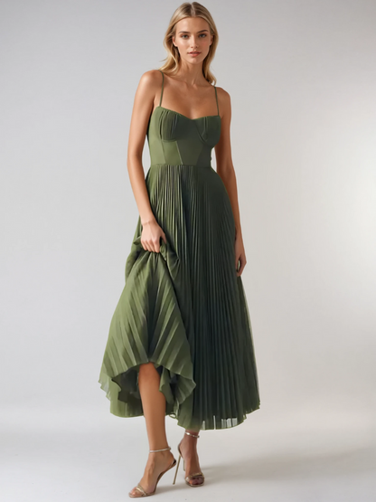 Damen Kleid | Spaghettiträger Plissee Midi