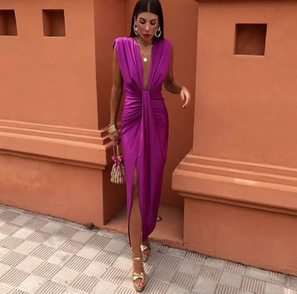 Damen Kleid | Tief V-Ausschnitt Schlitz Midi