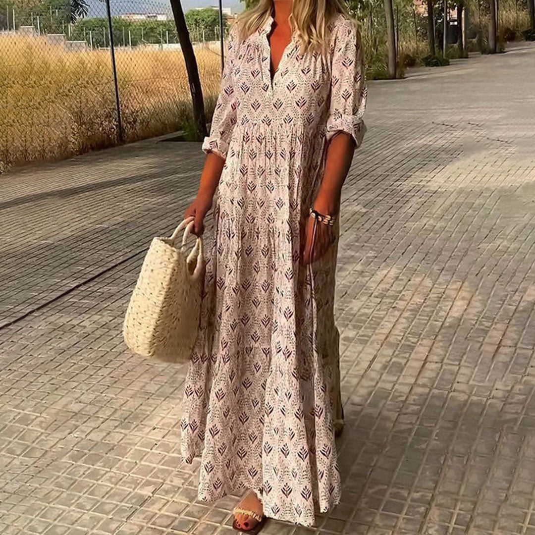 Damen Kleid | Blättermuster V-Ausschnitt Maxi
