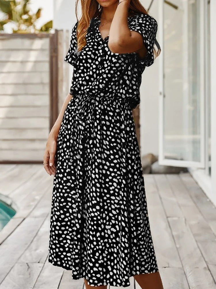 Damen Kleid | Kurzarm Bindegürtel Midi