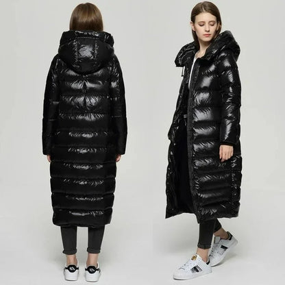 Damen Kapuzen Glänzender Puffer Mantel | Ganzlang