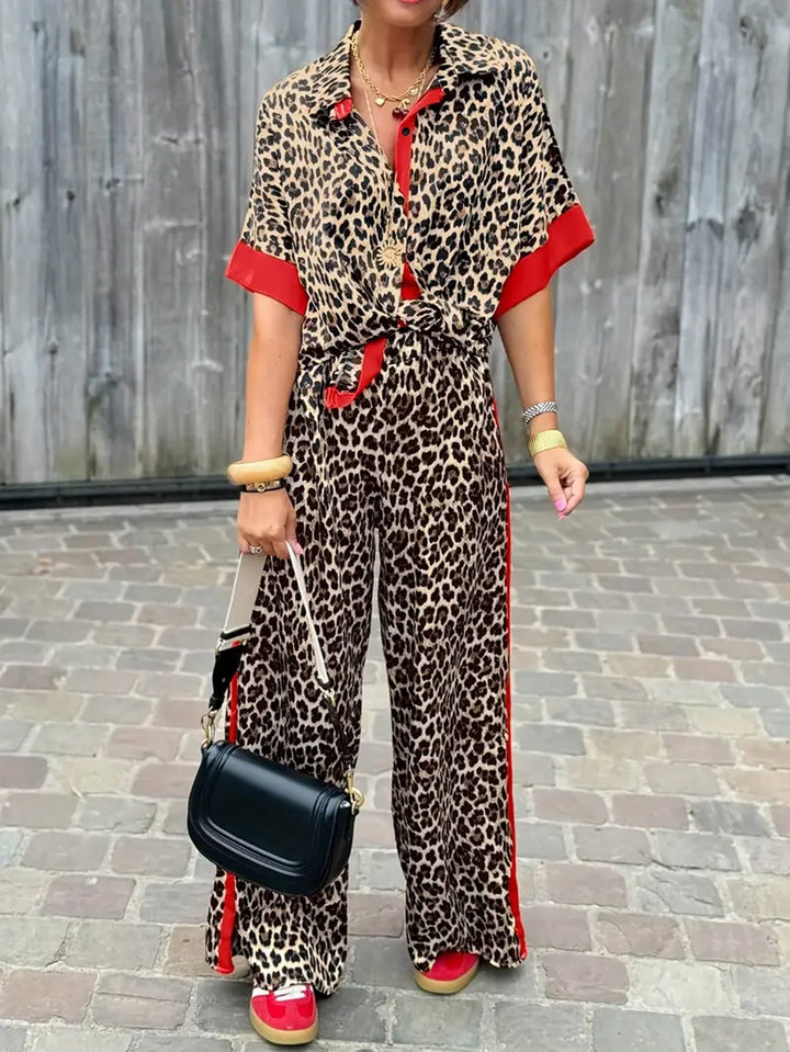 Damen Zweiteiler | Leopardenmuster Bluse und Hose
