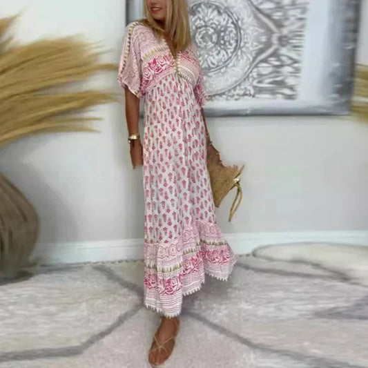 Damen Kleid | Boho Print V-Ausschnitt Maxi
