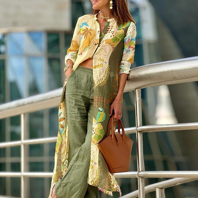 Damen Zweiteiler | Lange Bedruckte Bluse und Hose