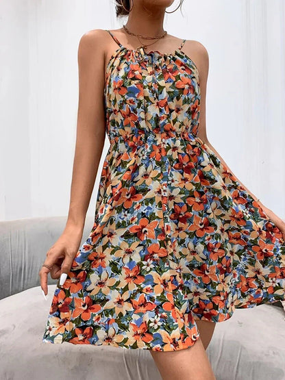 Damen Kleid | Blumenmuster Spaghettiträger Kurz