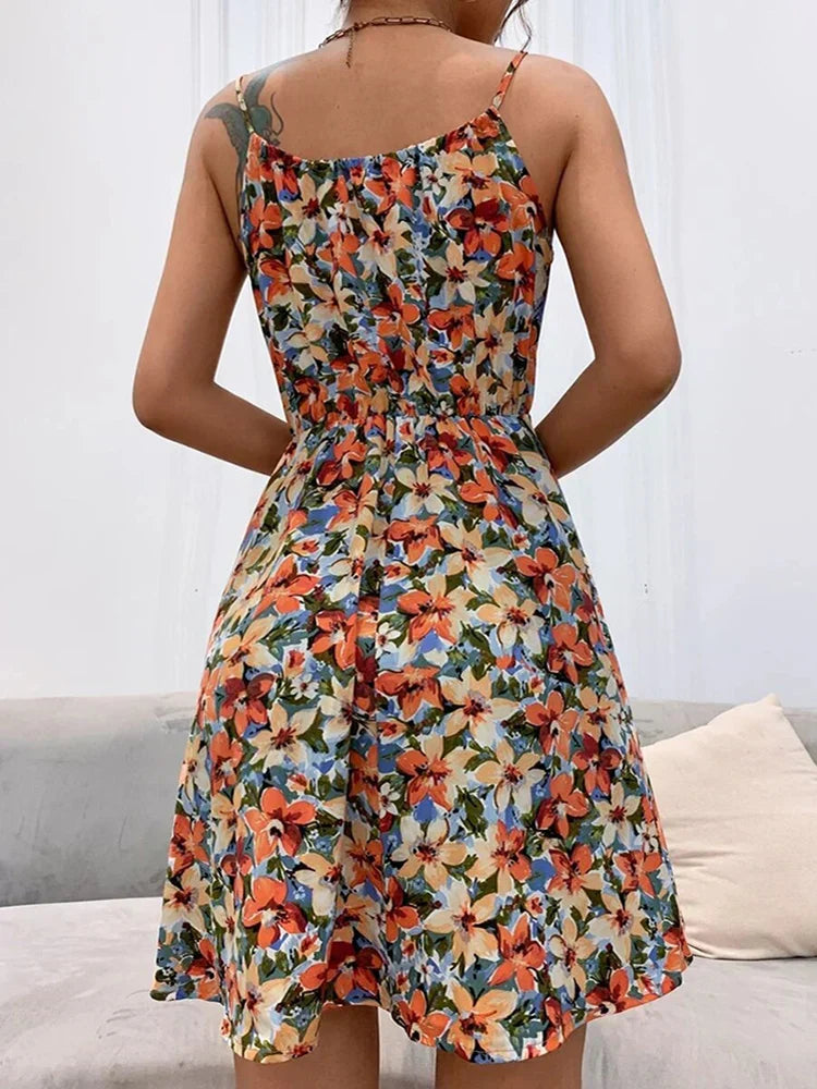 Damen Kleid | Blumenmuster Spaghettiträger Kurz