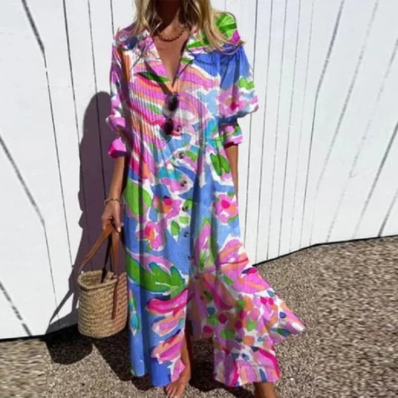 Damen Kleid | Print Knopfleiste Maxi