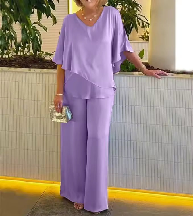 Damen Zweiteiler | V-Ausschnitt Bluse und Hose