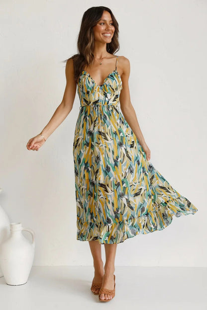 Damen Kleid | Spaghettiträger V-Ausschnitt Midi