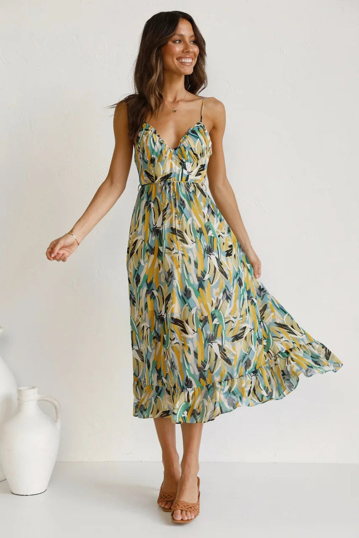 Damen Kleid | Spaghettiträger V-Ausschnitt Midi