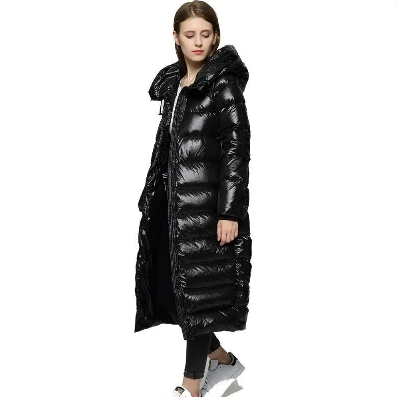 Damen Kapuzen Glänzender Puffer Mantel | Ganzlang
