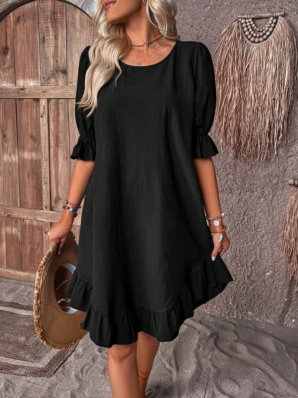 Damen Kleid | Rundhals Volant Saum