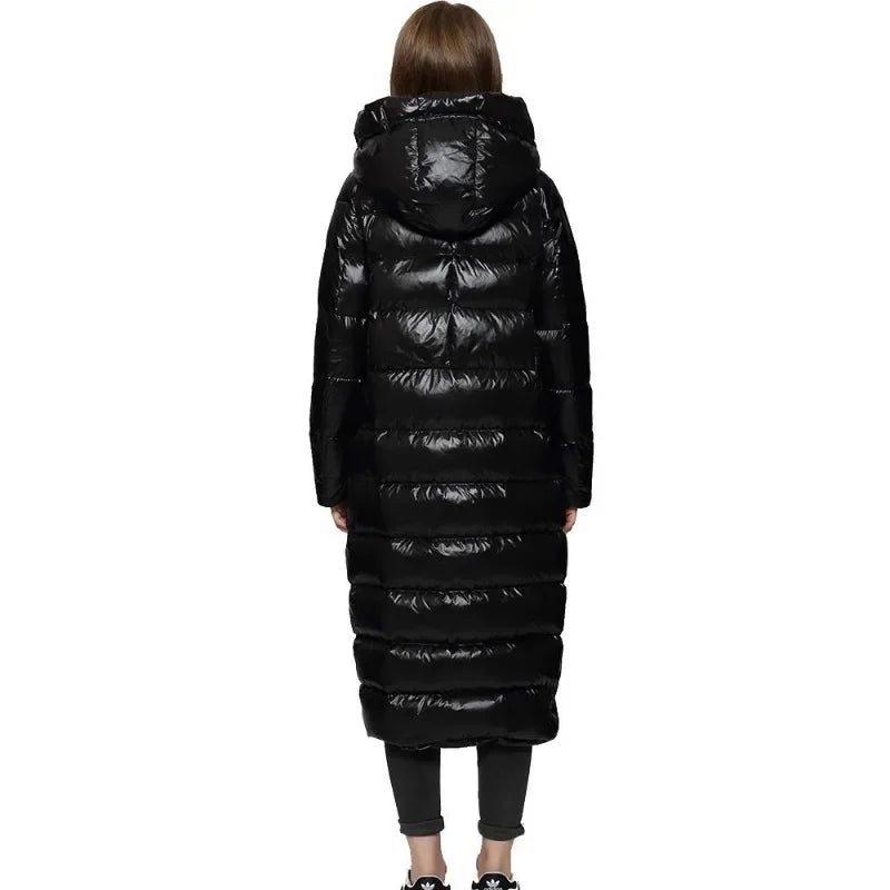 Damen Kapuzen Glänzender Puffer Mantel | Ganzlang