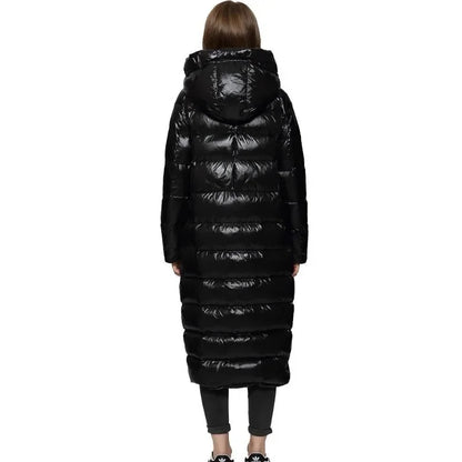 Damen Kapuzen Glänzender Puffer Mantel | Ganzlang