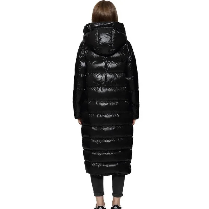 Damen Kapuzen Glänzender Puffer Mantel | Ganzlang