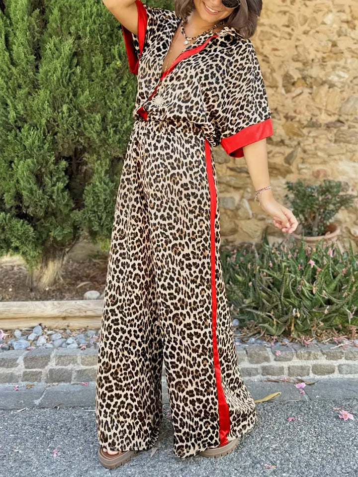 Damen Zweiteiler | Leopardenmuster Bluse und Hose