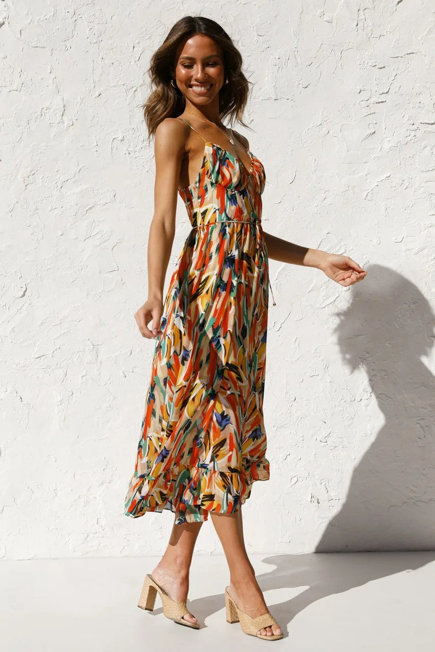 Damen Kleid | Spaghettiträger V-Ausschnitt Midi
