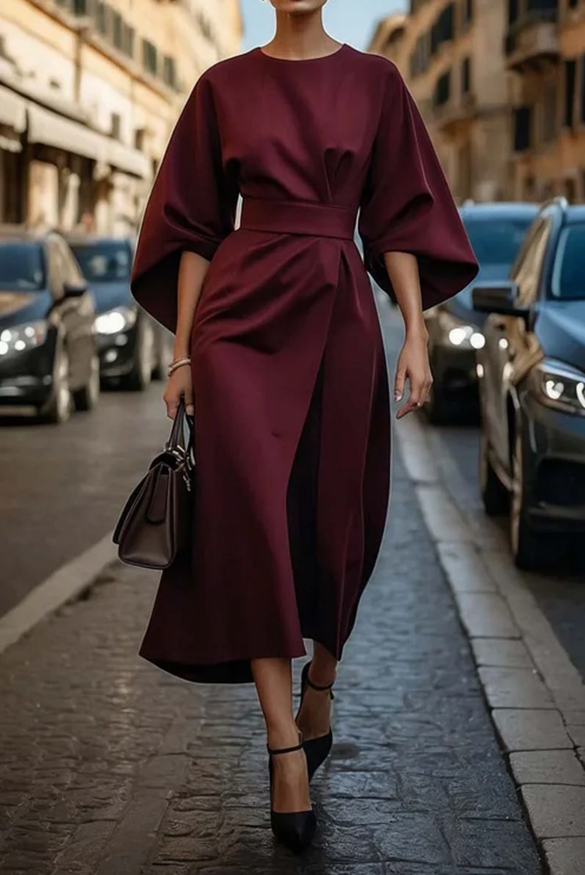 Damen Kleid | Gürtel Fledermausärmel