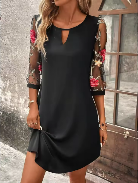 Damen Kleid | Keyhole Ausschnitt Stickereiärmel
