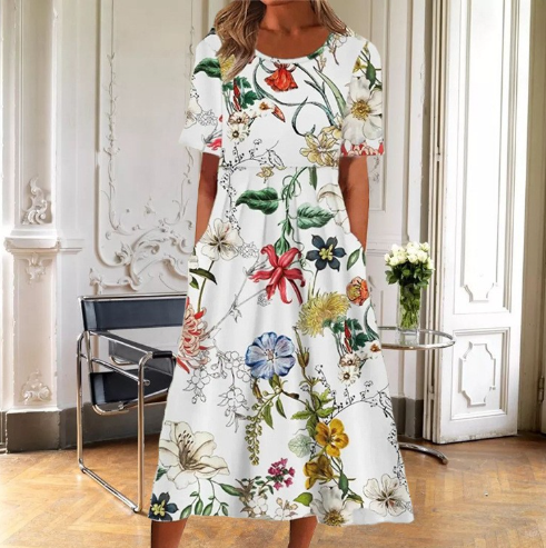 Damen Kleid | Lockeres Blumenmuster Kurzarm