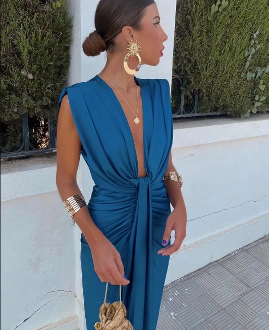 Damen Kleid | Tief V-Ausschnitt Schlitz Midi
