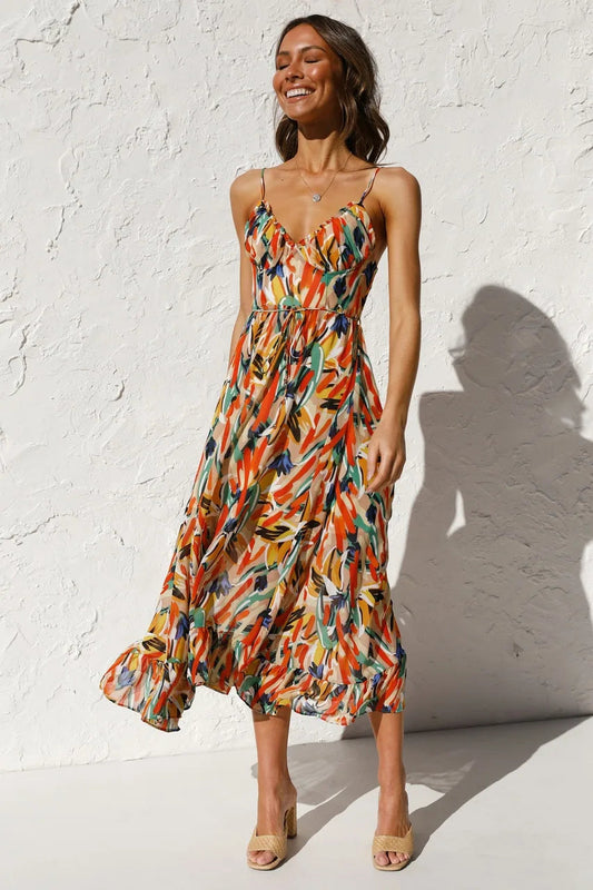 Damen Kleid | Spaghettiträger V-Ausschnitt Midi