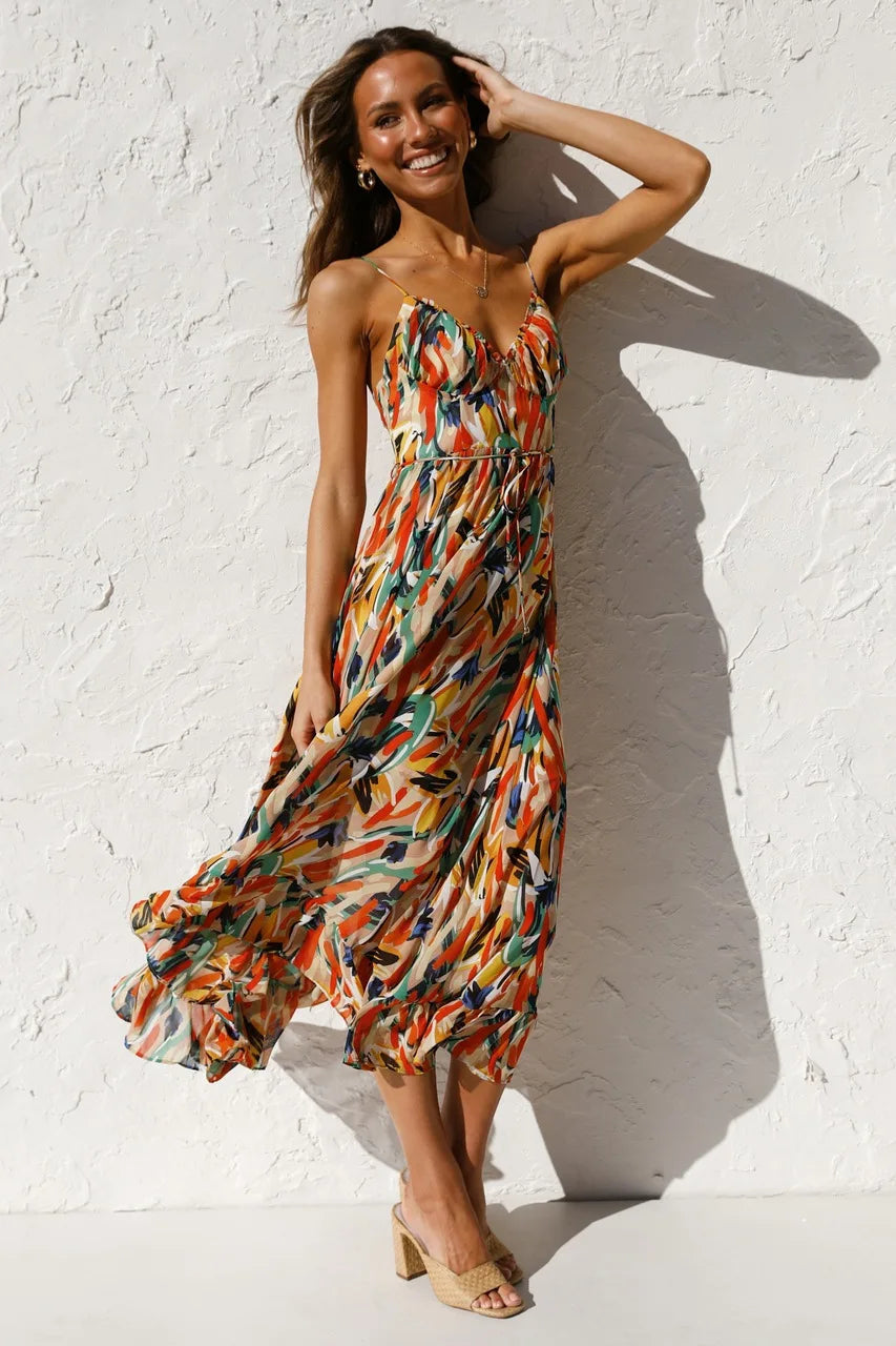 Damen Kleid | Spaghettiträger V-Ausschnitt Midi