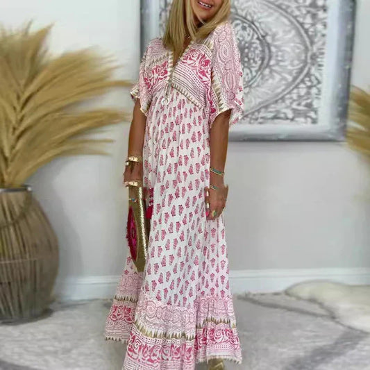 Damen Kleid | Boho Print V-Ausschnitt Maxi