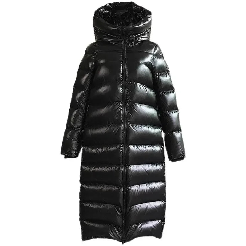 Damen Kapuzen Glänzender Puffer Mantel | Ganzlang