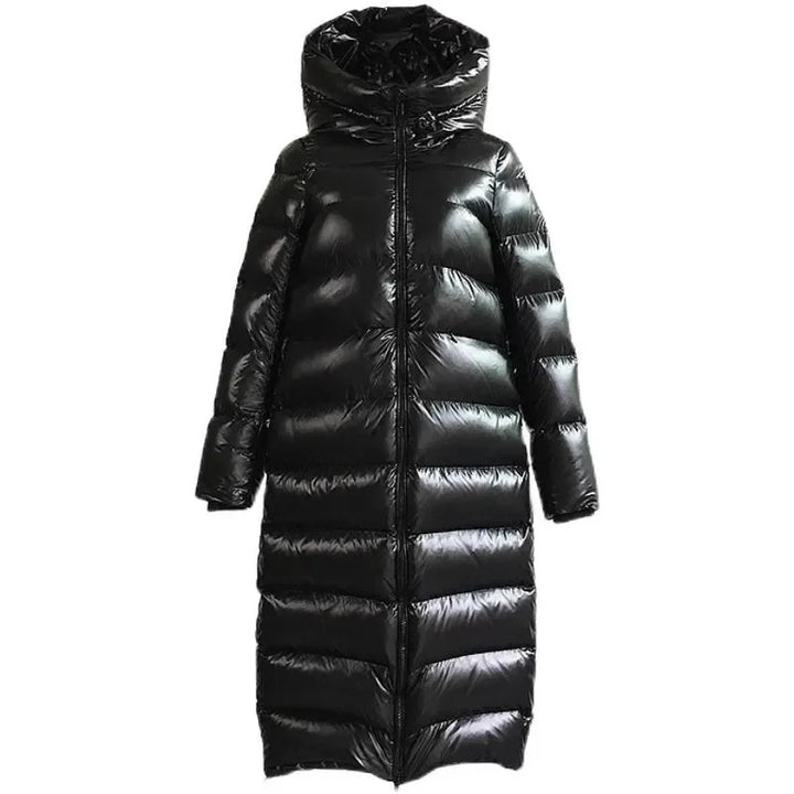 Damen Kapuzen Glänzender Puffer Mantel | Ganzlang