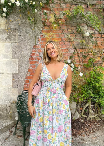 Damen Kleid | Blumenmuster V-Ausschnitt Midi